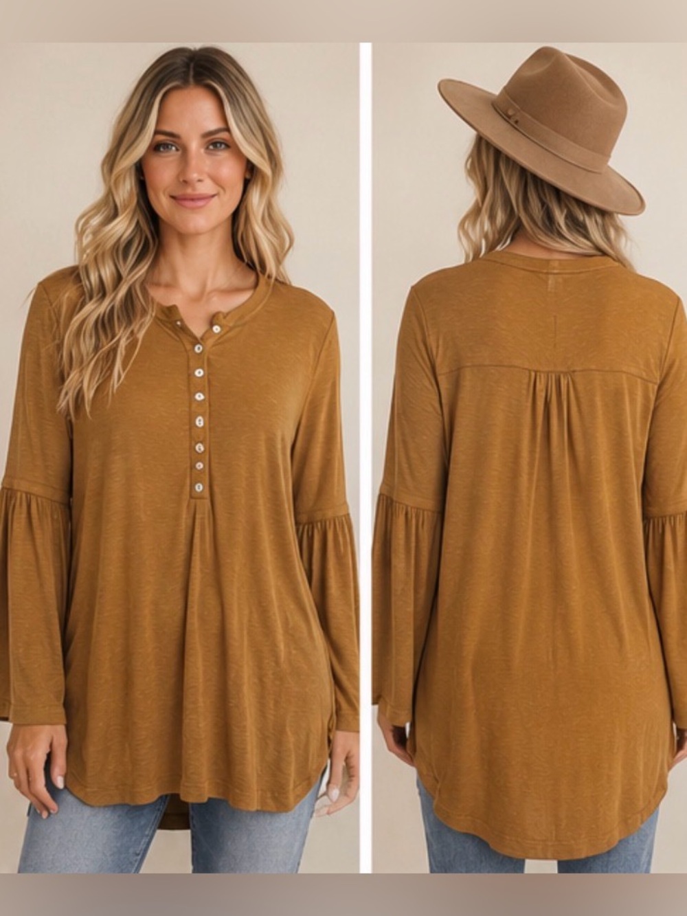 Soft Surroundings Fall Caramel Brown Bell Long Sleeve Tunic Boho Top